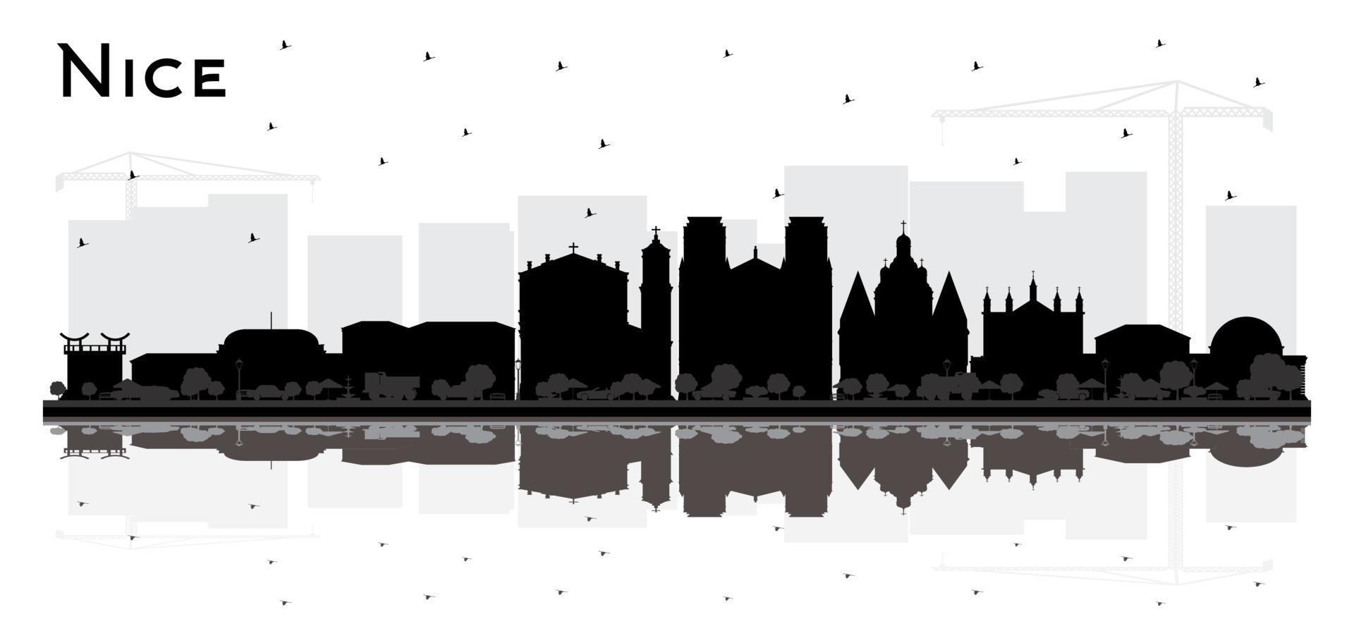 Nice France City Skyline Silhouette with Black Buildings and Reflections Isolated on White. vector