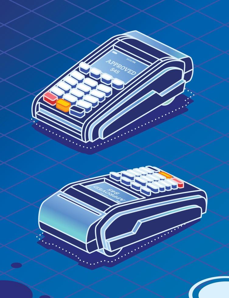 terminal pos isométrica sobre fondo azul. máquina de pago vector