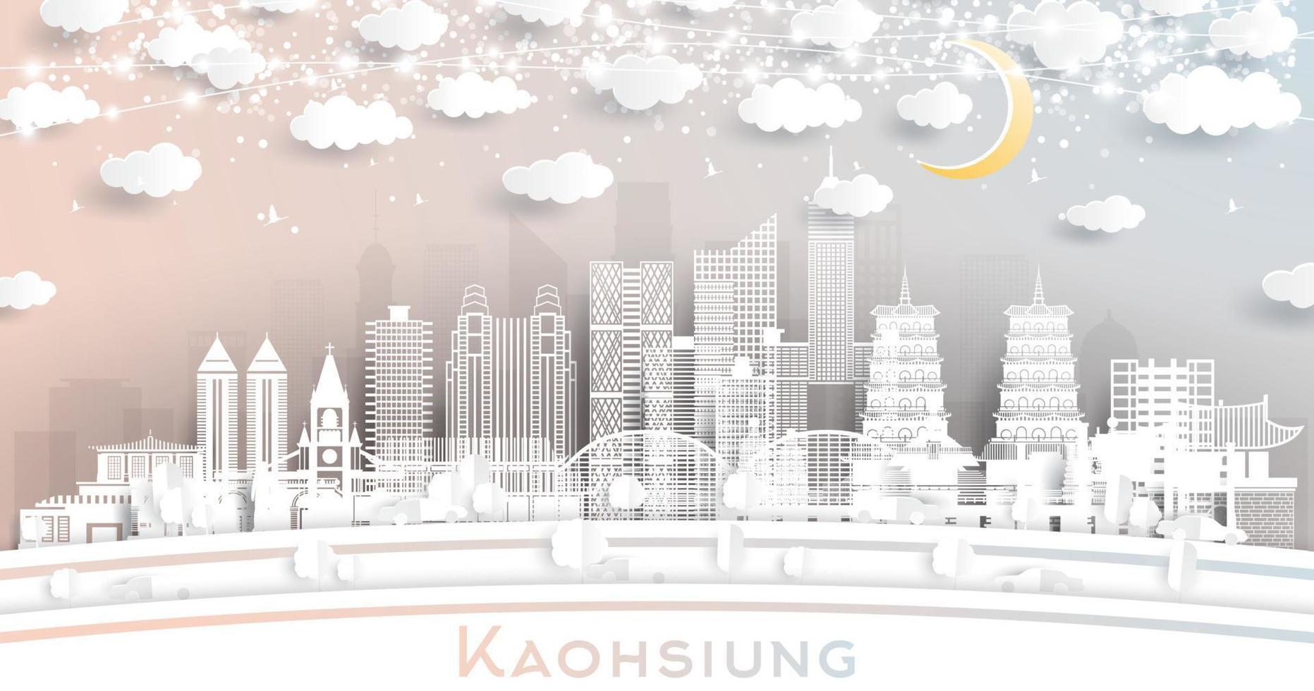 Kaohsiung Taiwan City Skyline in Paper Cut Style with White Buildings, Moon and Neon Garland. vector