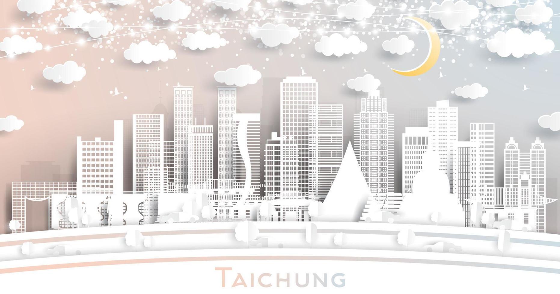 horizonte de la ciudad de taichung taiwán en estilo de corte de papel con edificios blancos, luna y guirnalda de neón. vector