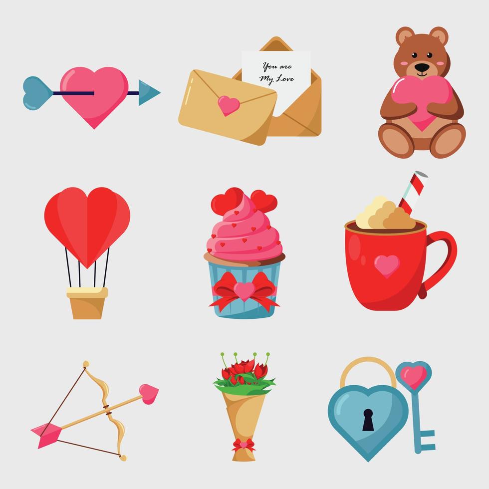 Cute objects and elements for Valentine's Day. Valentines day. Romantic set vector elements