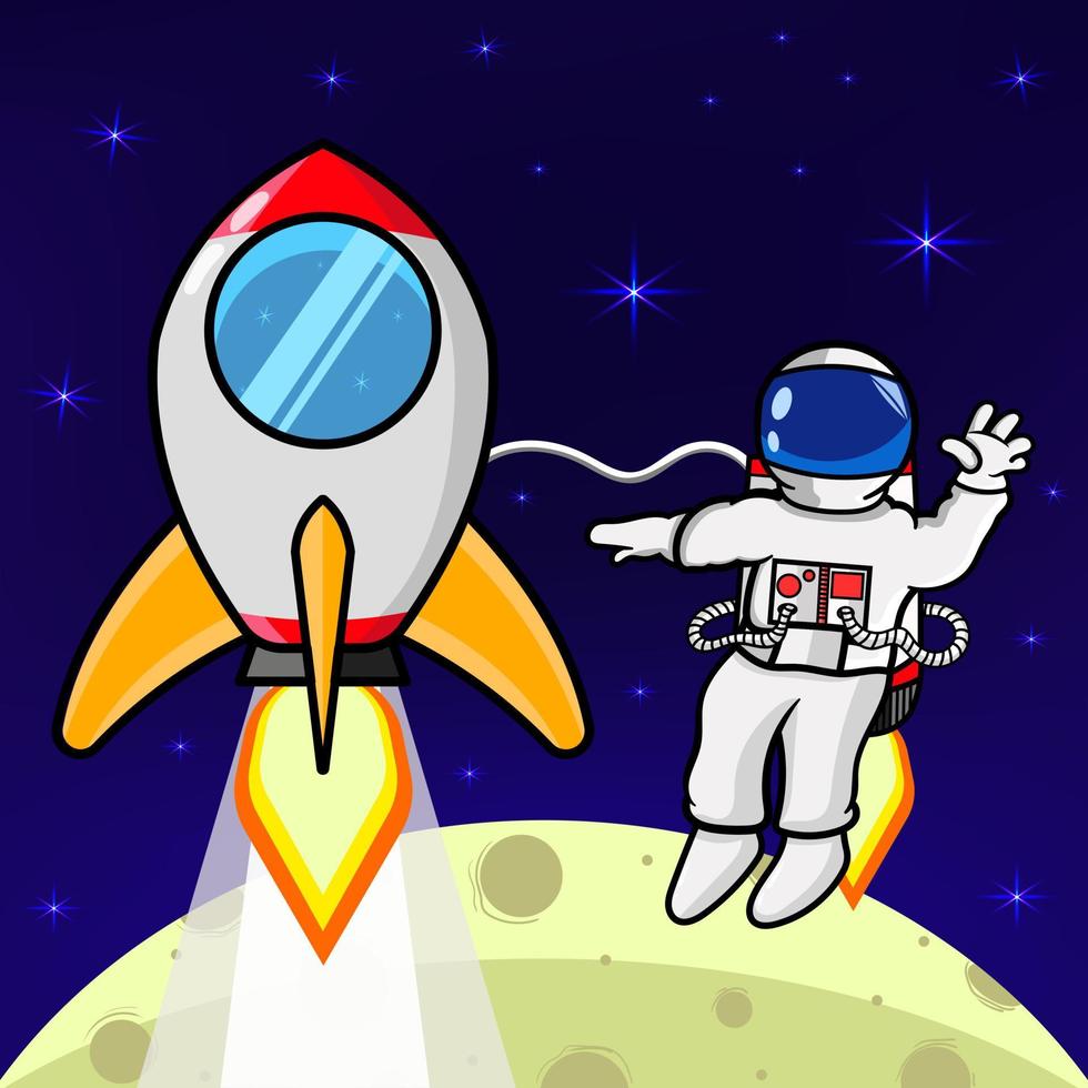 astronauta y cohete en el espacio agitando la mano. vector