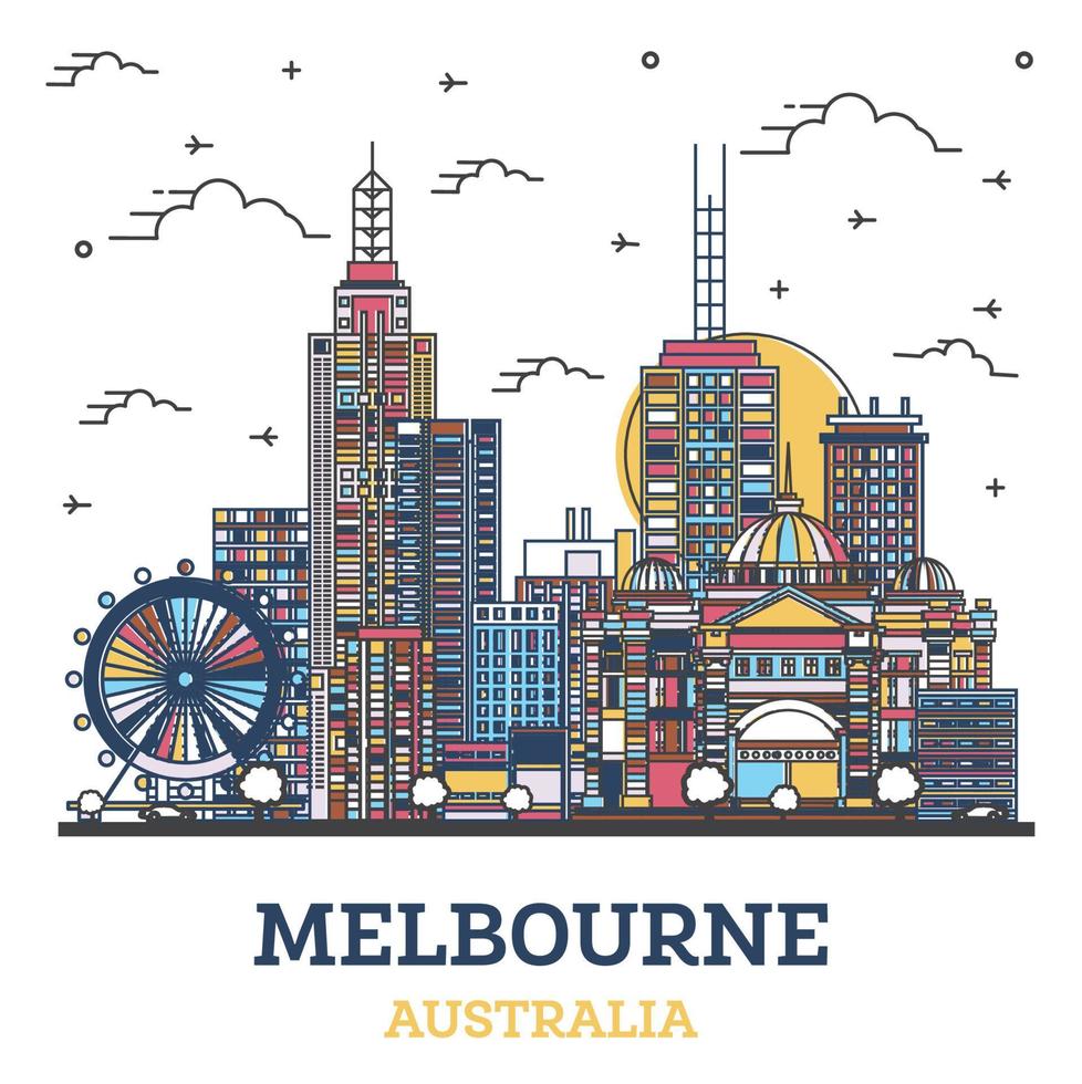 delinear el horizonte de la ciudad de melbourne, australia, con edificios modernos de colores aislados en blanco. vector