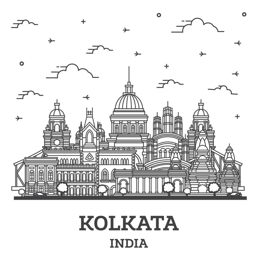 delinear el horizonte de la ciudad de kolkata india con edificios históricos aislados en blanco. vector