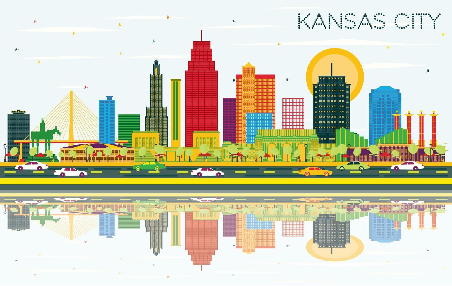 horizonte de la ciudad de kansas city missouri con edificios de color, cielo azul y reflejos. vector