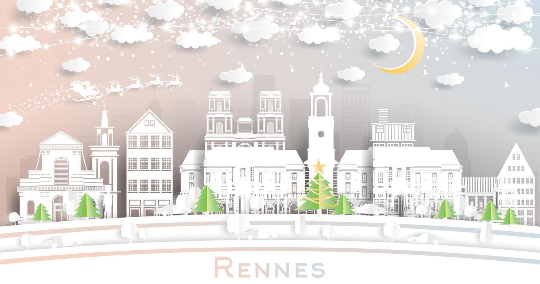 el horizonte de la ciudad de rennes, francia, en estilo de corte de papel con copos de nieve, luna y guirnaldas de neón. vector