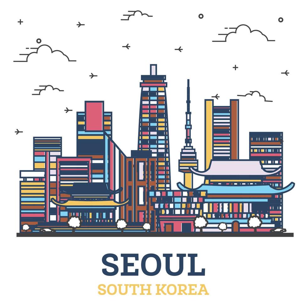 delinear el horizonte de la ciudad de seúl corea del sur con edificios modernos de colores aislados en blanco. vector