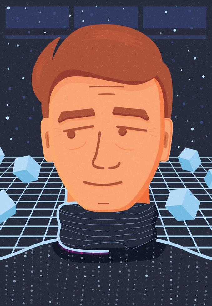 Portrait of a Handsome Pensive, Melancholic Man in a Sweater. Abstract Space Background with Falling Cubes. vector
