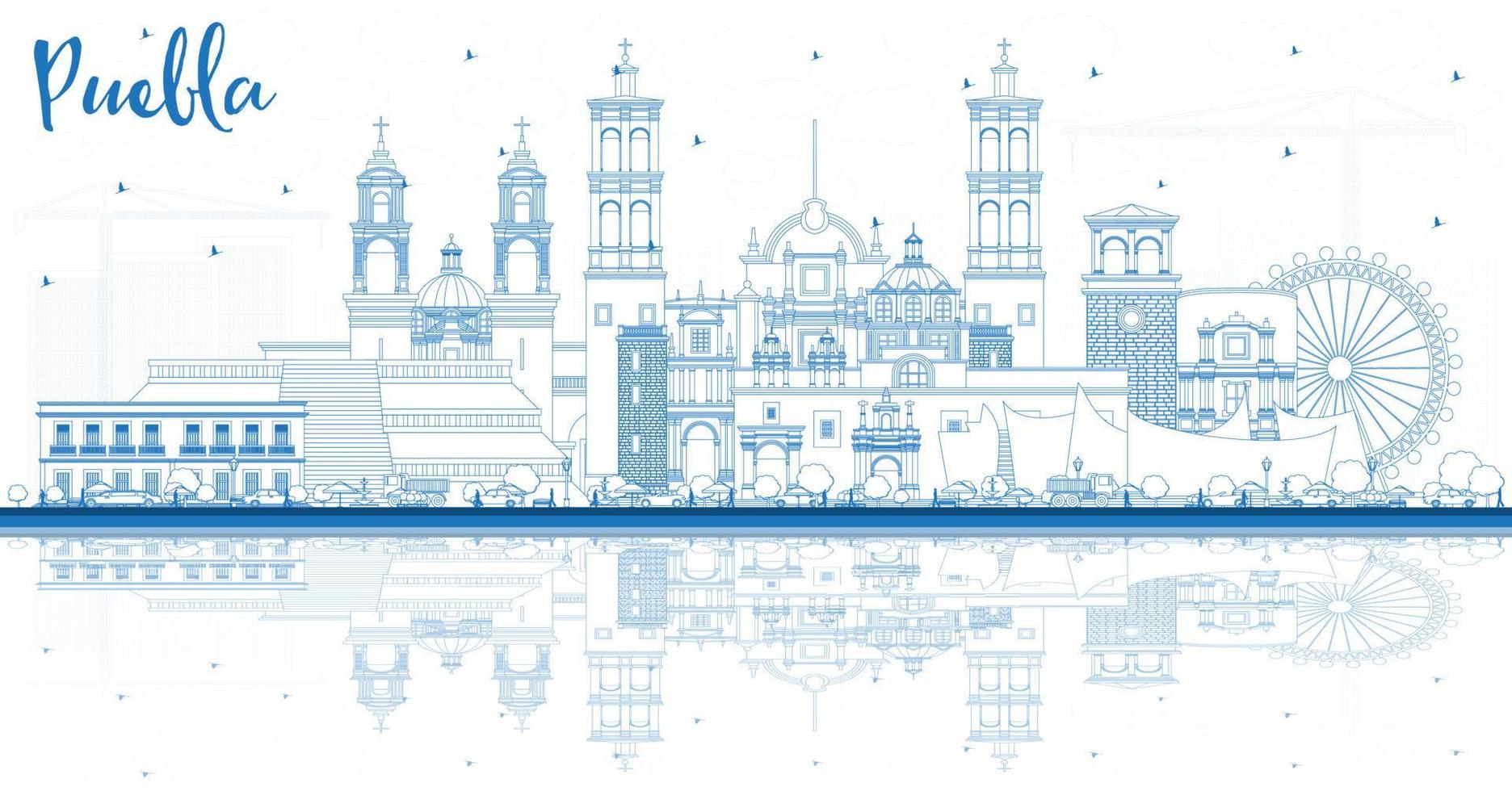 Outline Puebla Mexico City Skyline with Blue Buildings and Reflections. vector