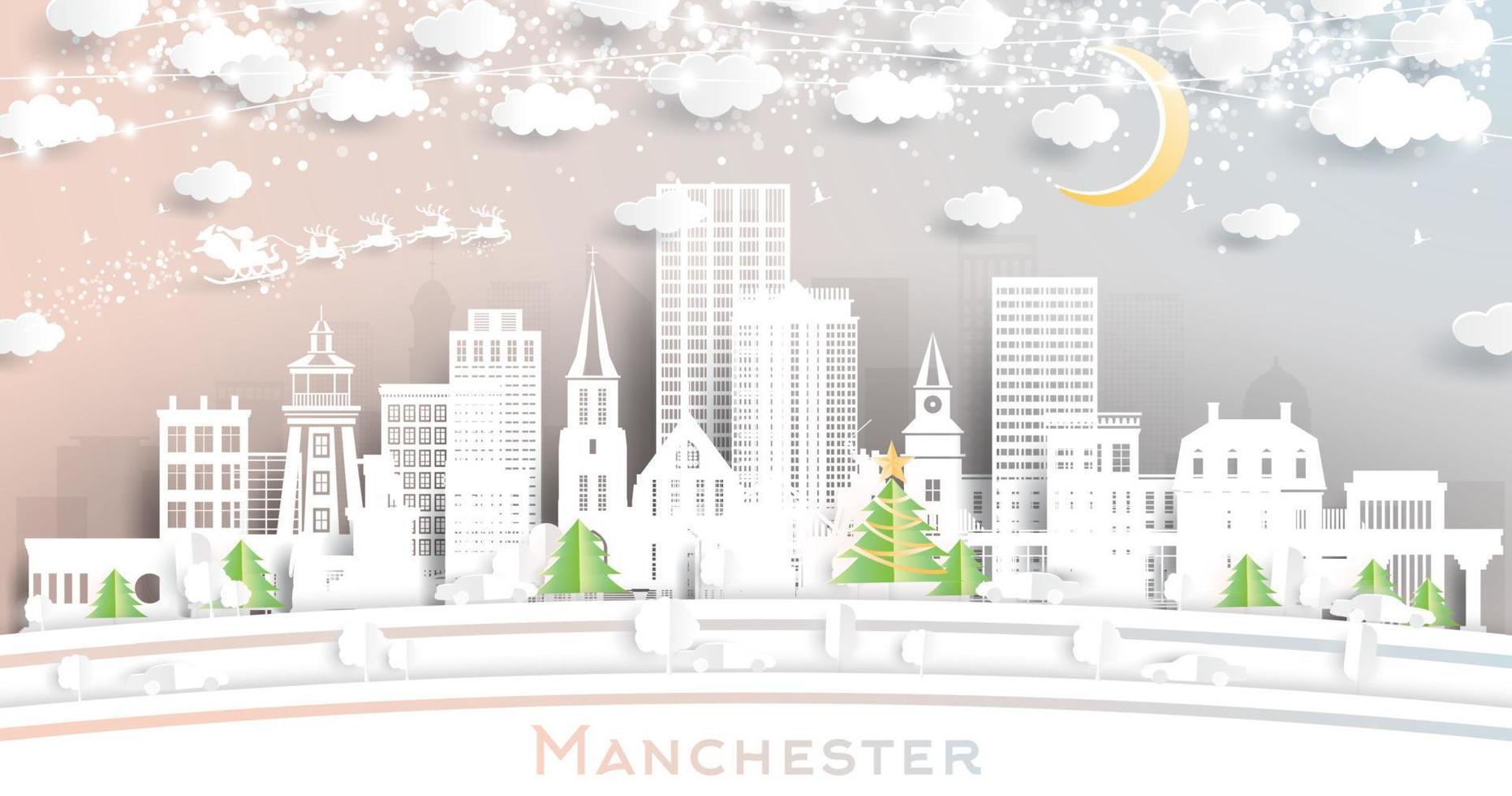 Manchester New Hampshire. Winter City Skyline in Paper Cut Style with Snowflakes, Moon and Neon Garland. vector