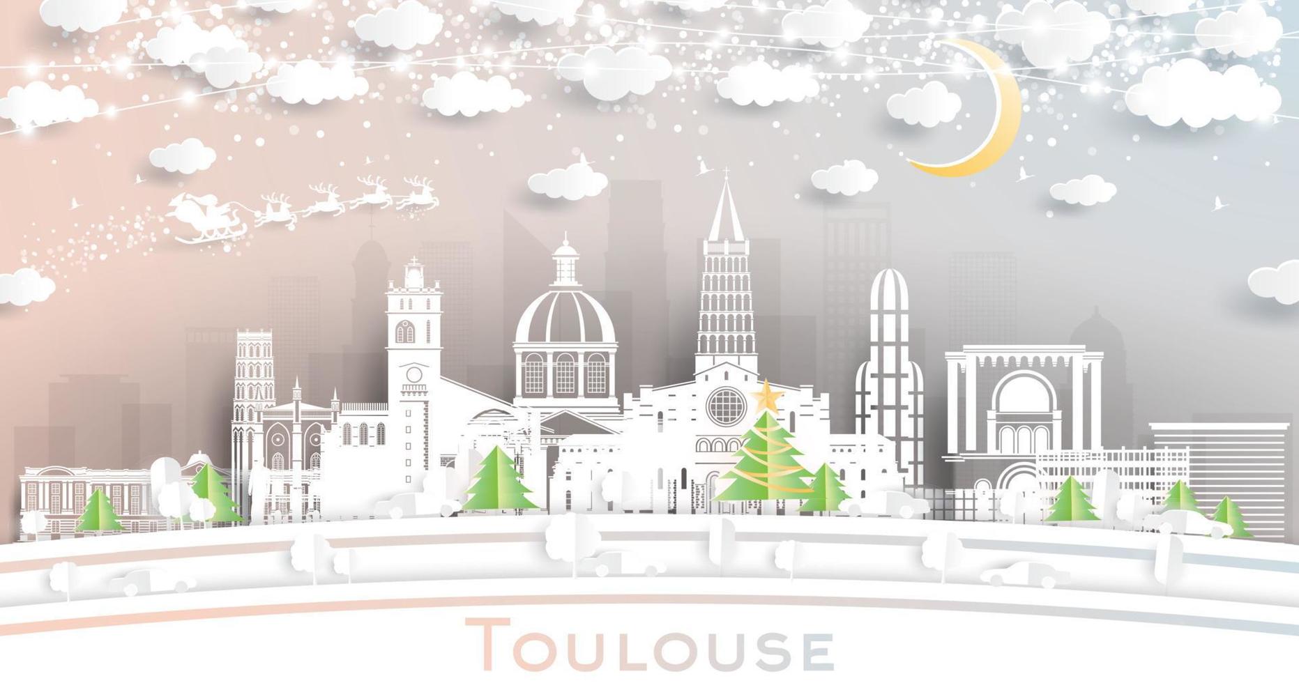 Toulouse France City Skyline in Paper Cut Style with Snowflakes, Moon and Neon Garland. vector