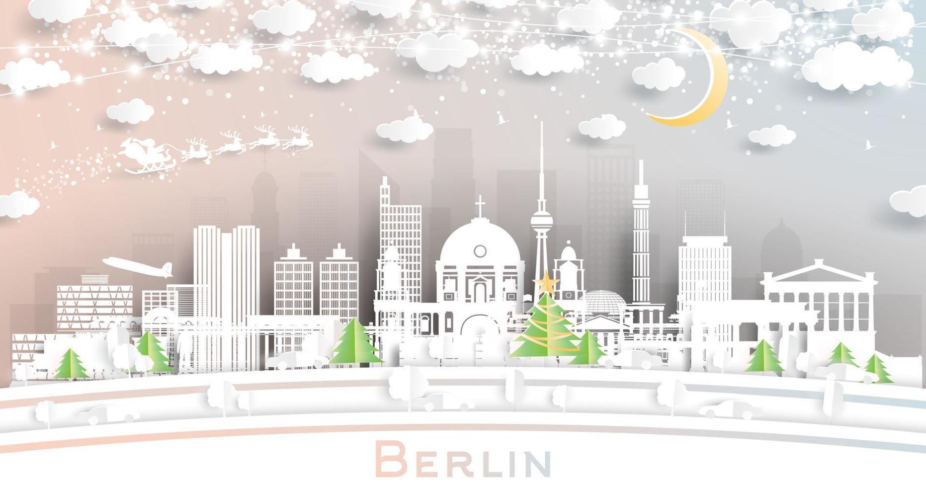 el horizonte de la ciudad de berlín, alemania, en estilo de corte de papel con copos de nieve, luna y guirnalda de neón. vector