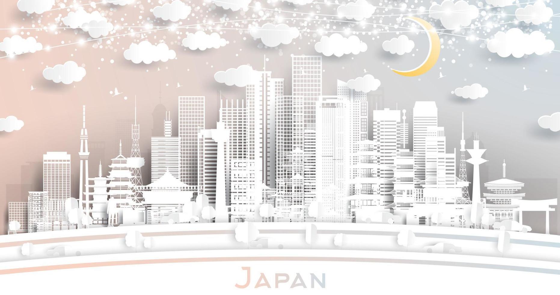 horizonte de la ciudad de japón en estilo de corte de papel con edificios blancos, luna y guirnalda de neón. vector