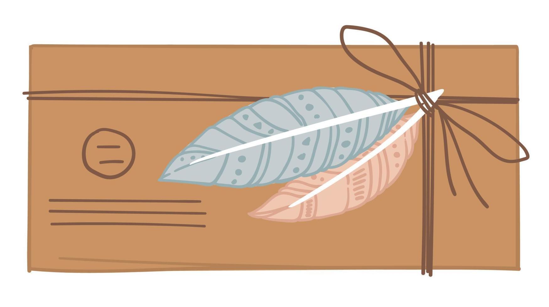 Vintage envelope tied with thread and feathers vector