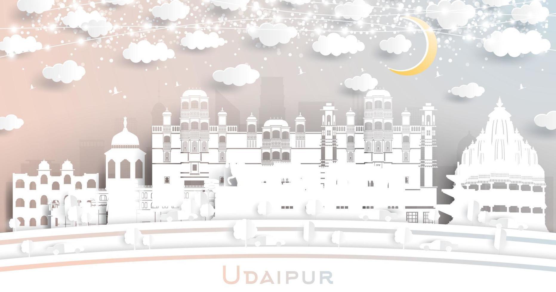 el horizonte de la ciudad de udaipur india en estilo de corte de papel con edificios blancos, luna y guirnaldas de neón. vector