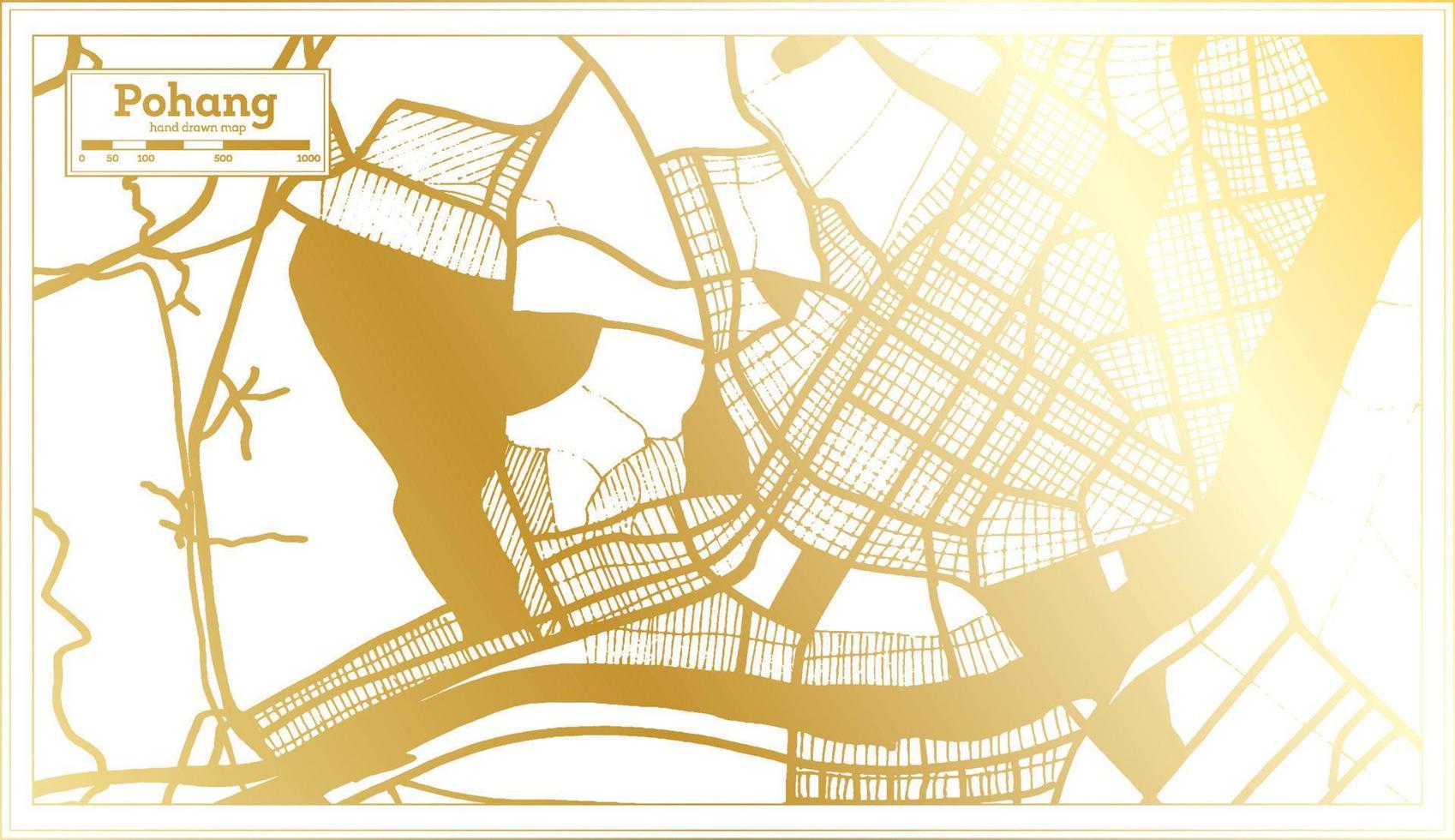 mapa de la ciudad de pohang corea del sur en estilo retro en color dorado. esquema del mapa. vector