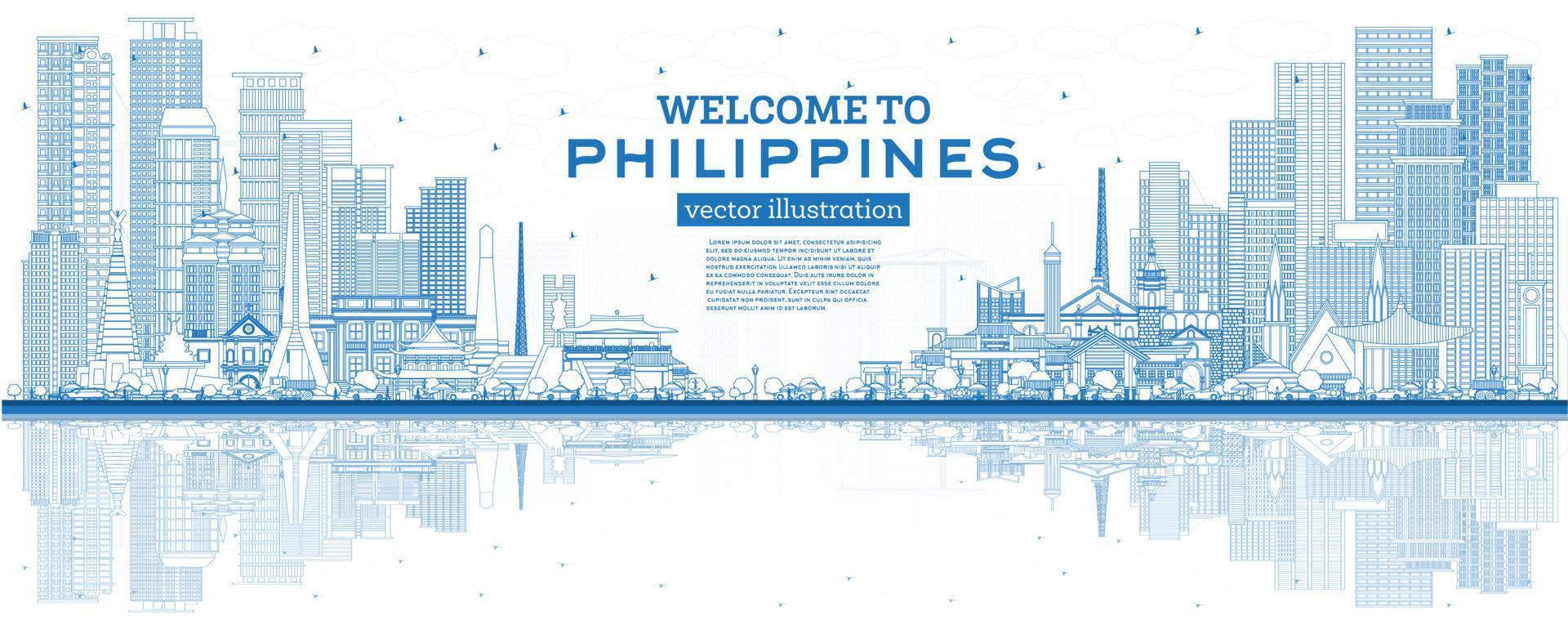 Outline Welcome to Philippines City Skyline with Blue Buildings and Reflections. vector
