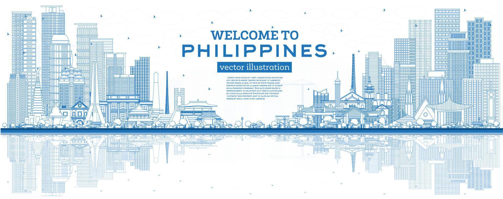 esquema bienvenido al horizonte de la ciudad de filipinas con edificios azules y reflejos. vector