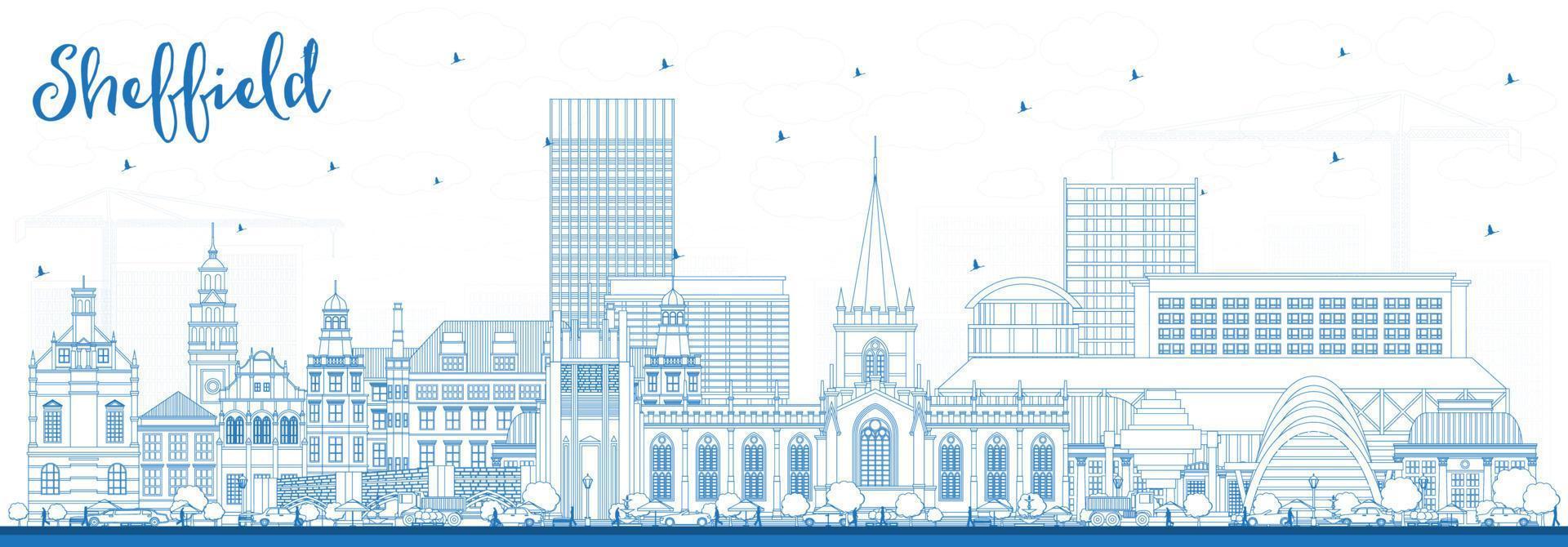 delinear el horizonte de la ciudad de Sheffield, Reino Unido, con edificios azules. vector