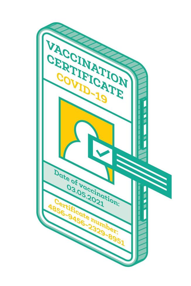 Vaccination Certificate on Screen of Smartphone. Isometric International Certificate of Immunization. vector