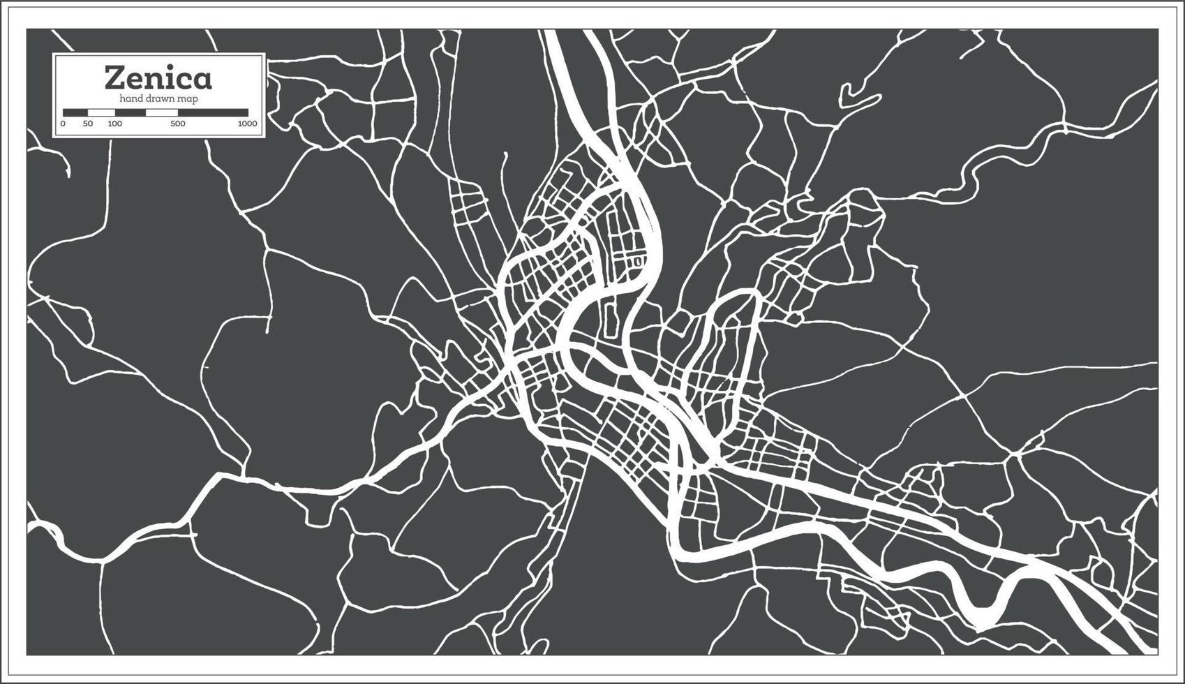 Zenica Bosnia and Herzegovina City Map in Black and White Color in Retro Style. vector