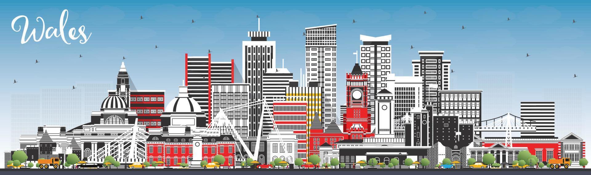 Wales City Skyline with Gray Buildings and Blue Sky. vector