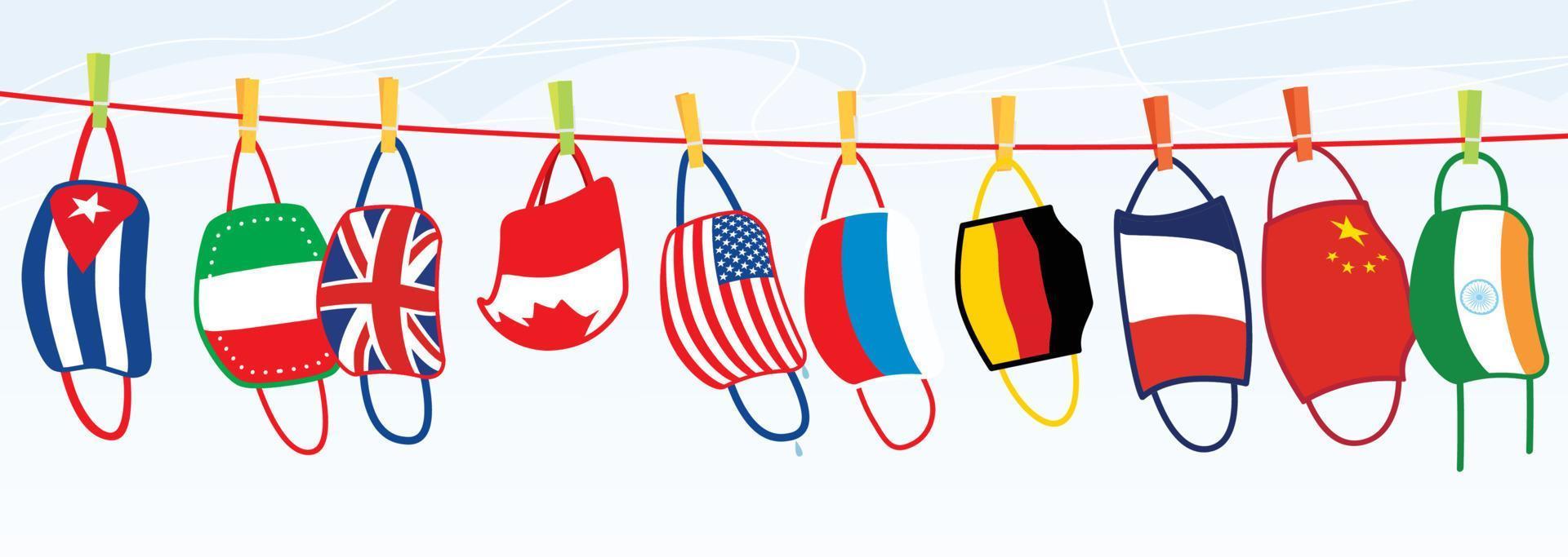 mascarillas protectoras lavadas colgadas en una línea. secado de máscaras reutilizables lavadas con banderas de diferentes países. vector