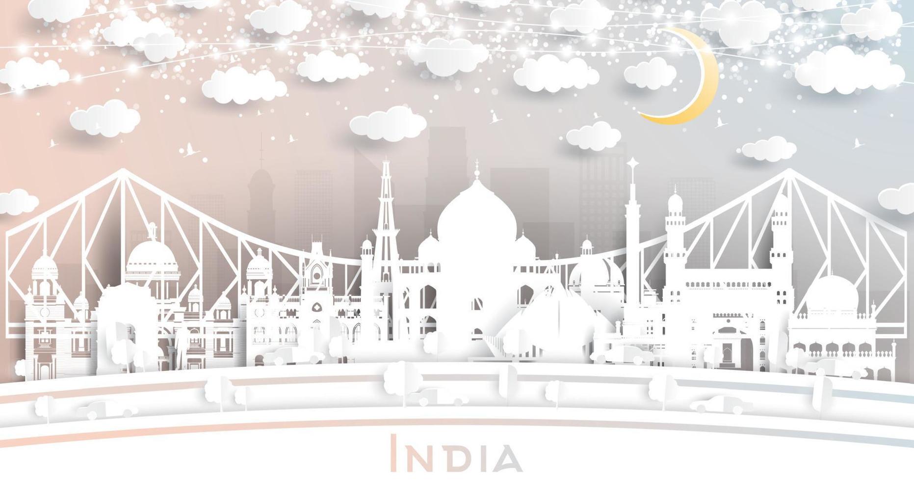 horizonte de la ciudad india en estilo de corte de papel con edificios blancos, luna y guirnalda de neón. vector
