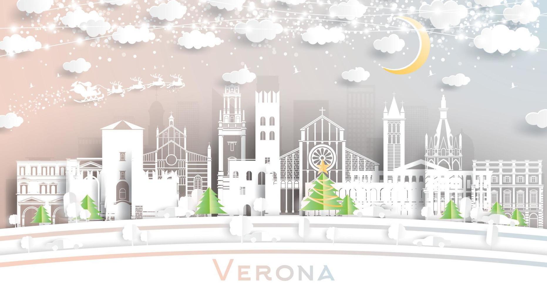 horizonte de la ciudad de verona italia en estilo de corte de papel con copos de nieve, luna y guirnalda de neón. vector