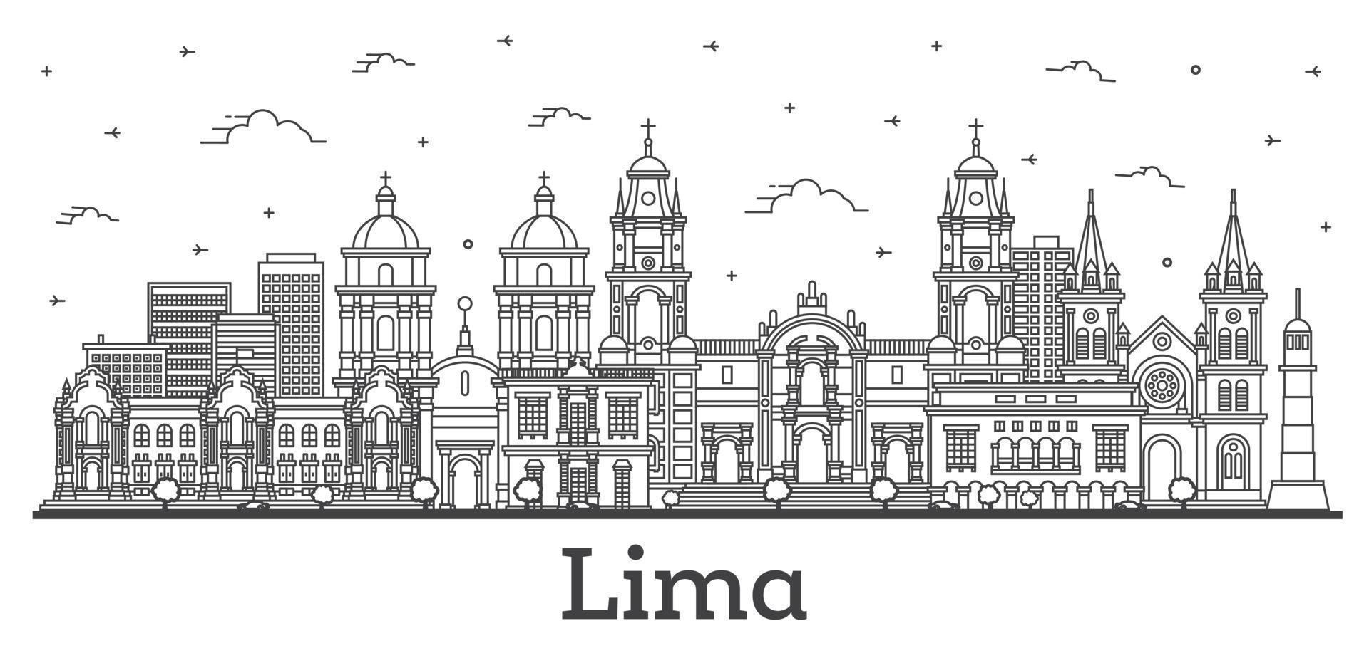 delinear el horizonte de la ciudad de lima perú con edificios modernos e históricos aislados en blanco. vector