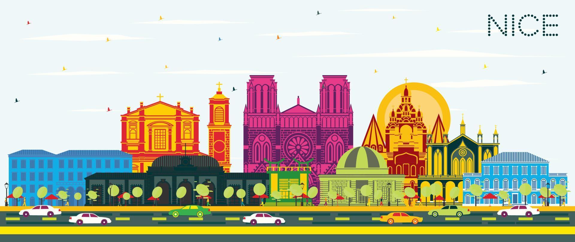 Bonito horizonte de la ciudad de Francia con edificios de color y cielo azul. vector