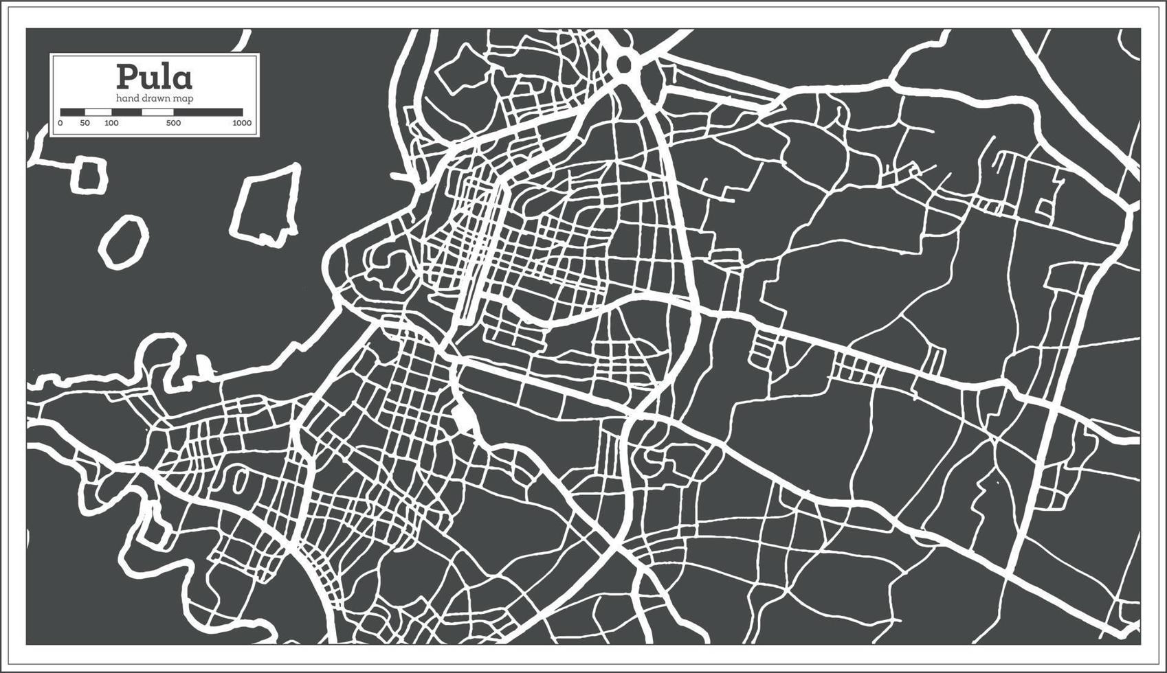 mapa de la ciudad de pula croacia en color blanco y negro en estilo retro. esquema del mapa. vector