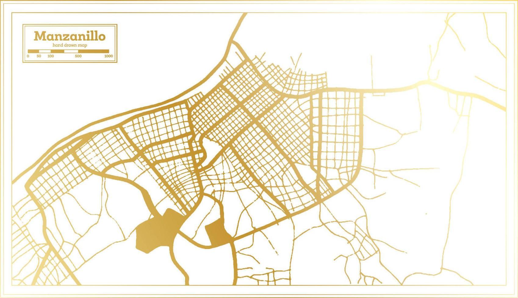 mapa de la ciudad de manzanillo cuba en estilo retro en color dorado. esquema del mapa. vector