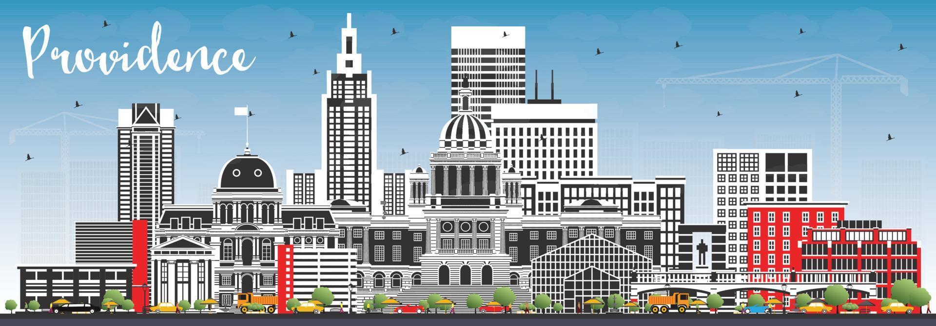 Providence Rhode Island City Skyline with Color Buildings and Blue Sky. vector