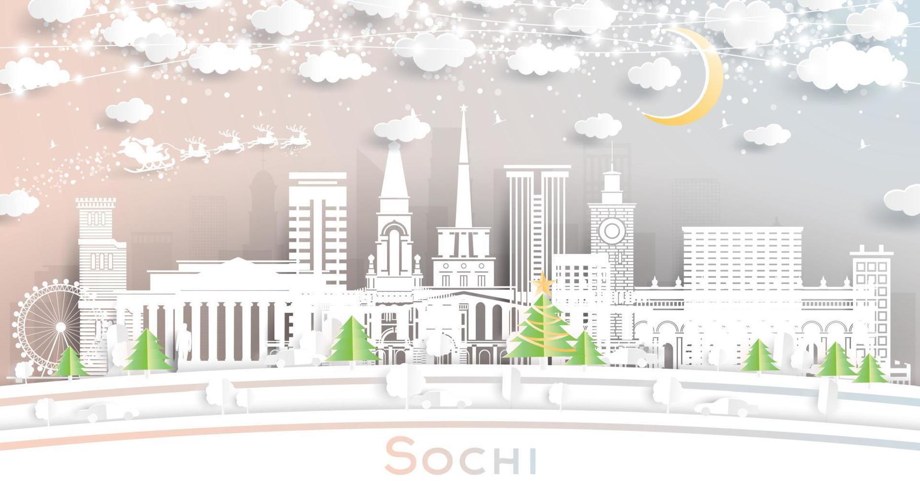 horizonte de la ciudad de sochi rusia en estilo de corte de papel con copos de nieve, luna y guirnalda de neón. vector