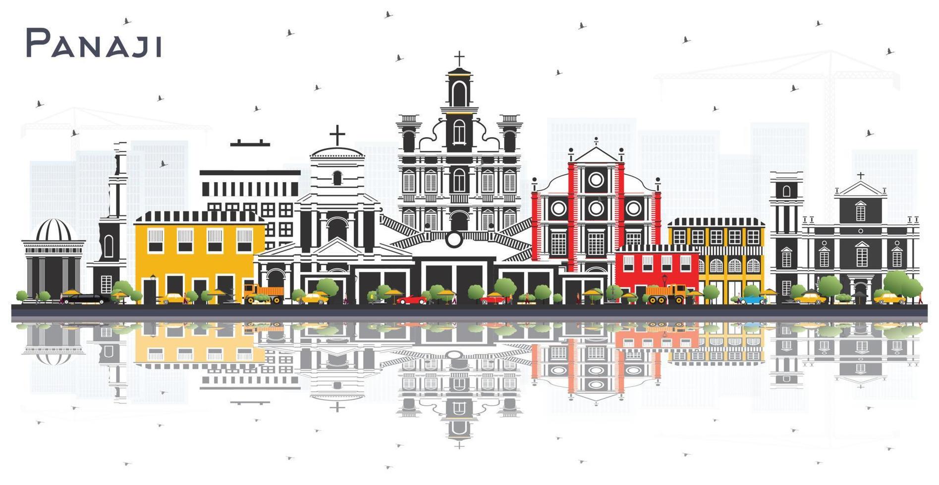 horizonte de la ciudad de panaji india con edificios de color y reflejos aislados en blanco. vector