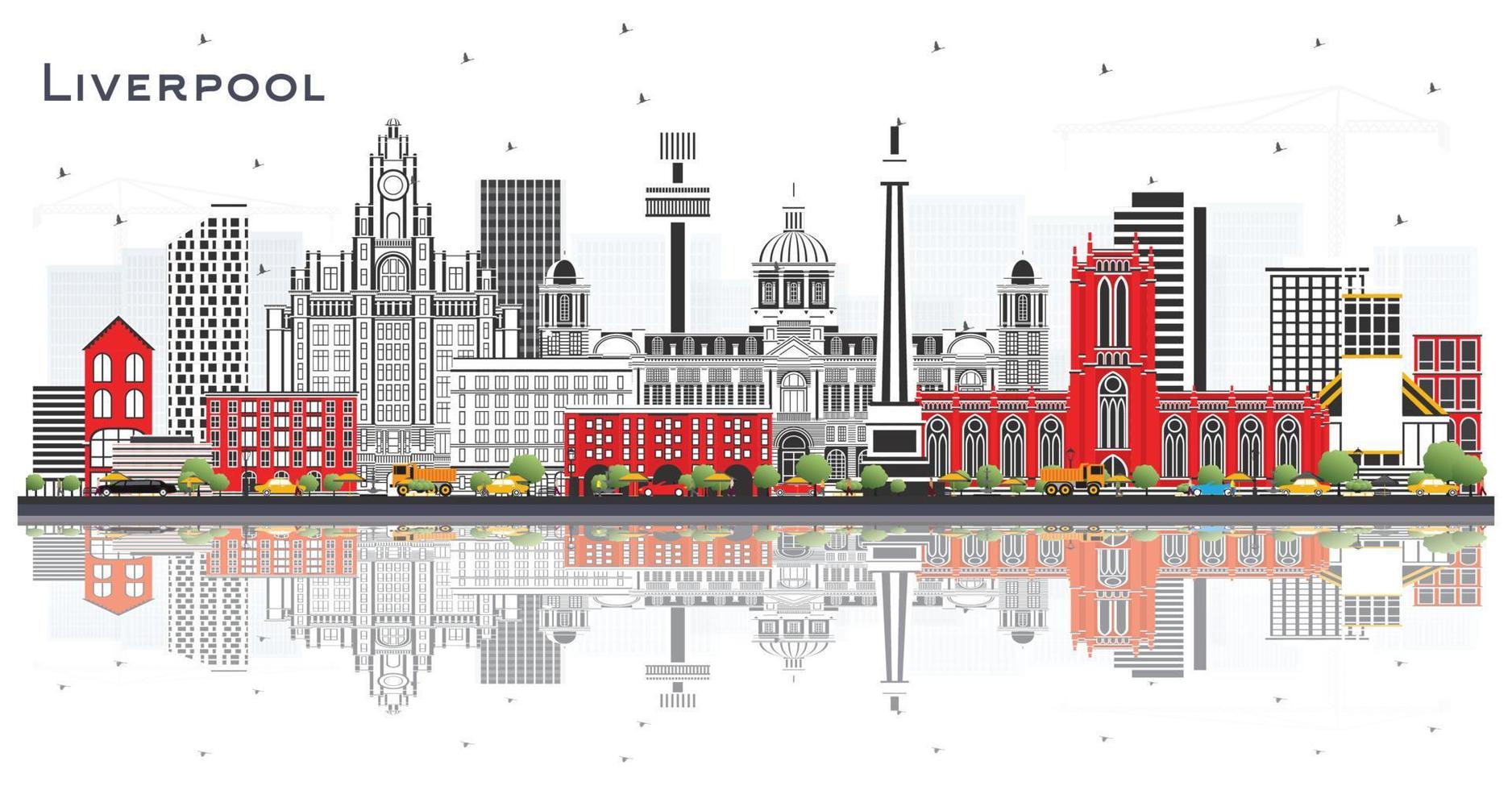 Liverpool Skyline with Color Buildings and Reflections Isolated on White. vector