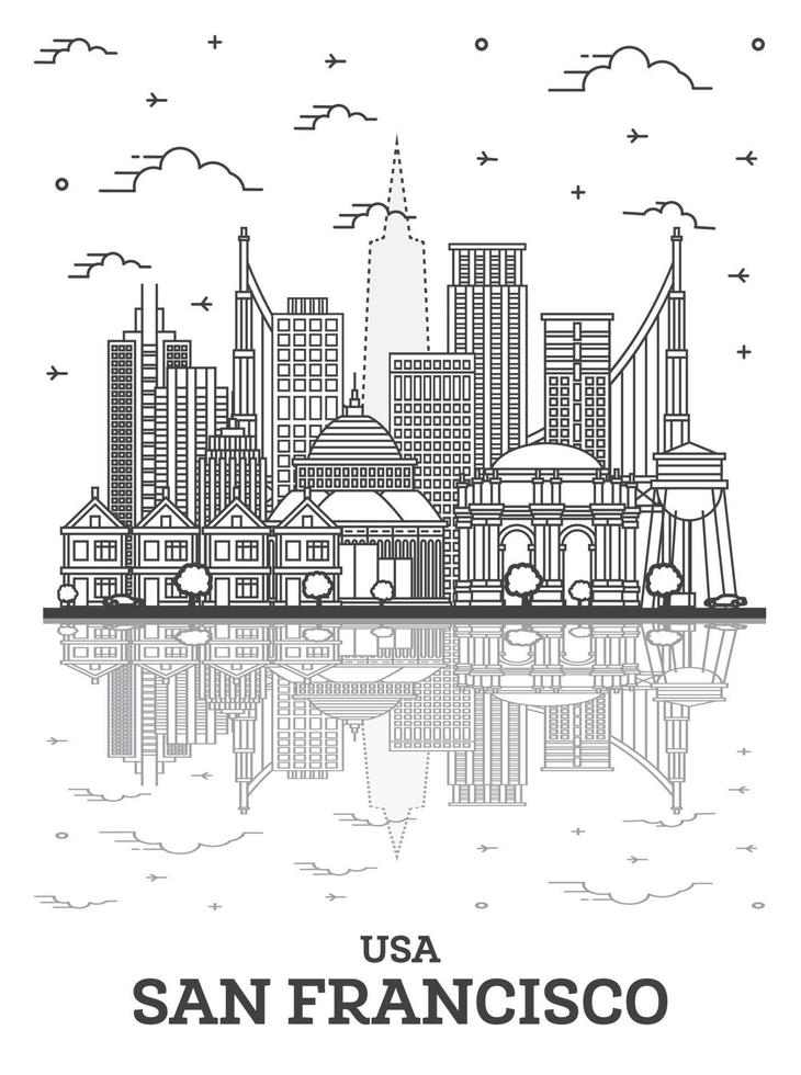 Outline San Francisco California City Skyline with Modern Buildings and Reflections Isolated on White. vector