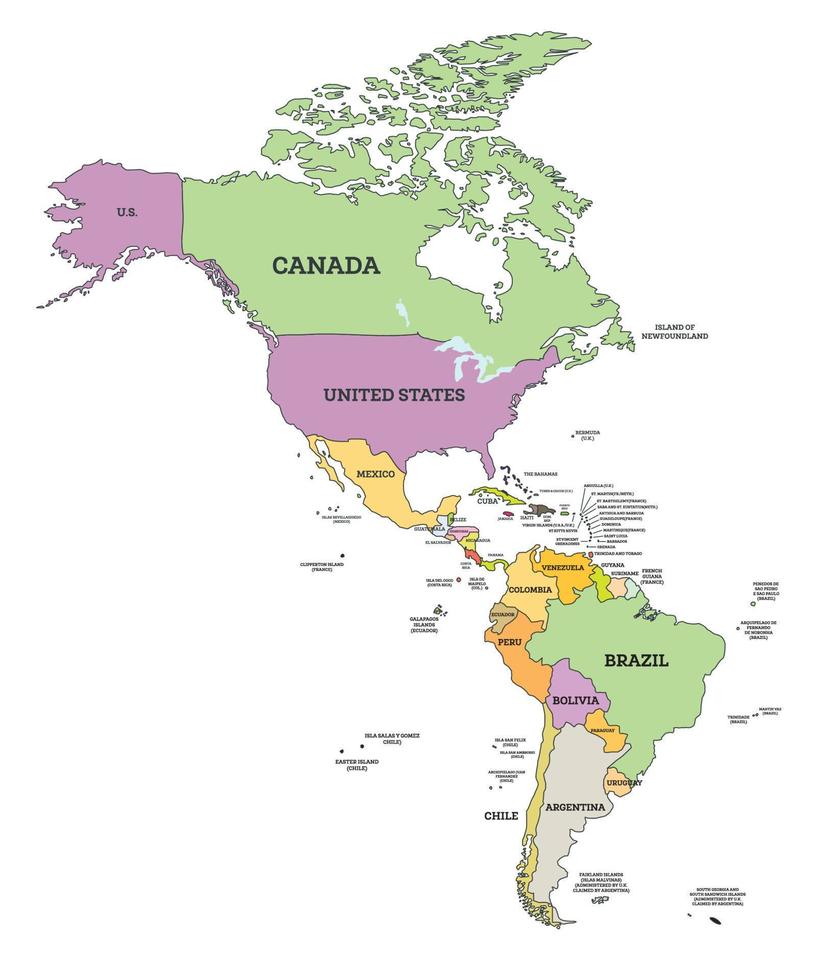mapa político de américa del sur y del norte en proyección mercator. mapa con nombre de países aislados en blanco. vector