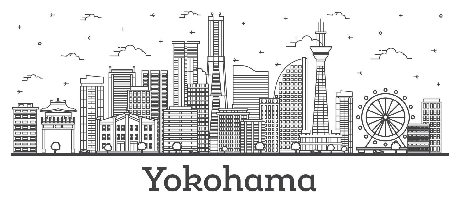 delinear el horizonte de la ciudad de yokohama japón con edificios modernos aislados en blanco. vector