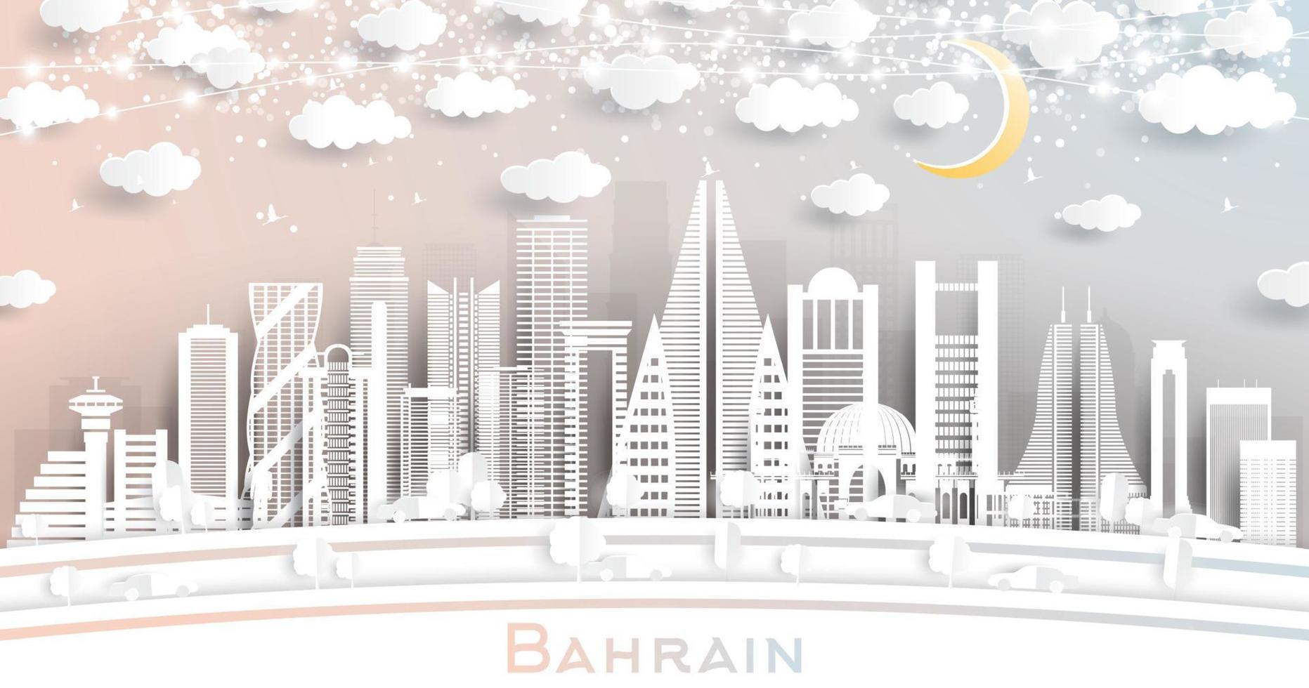 Bahrain City Skyline in Paper Cut Style with White Buildings, Moon and Neon Garland. vector