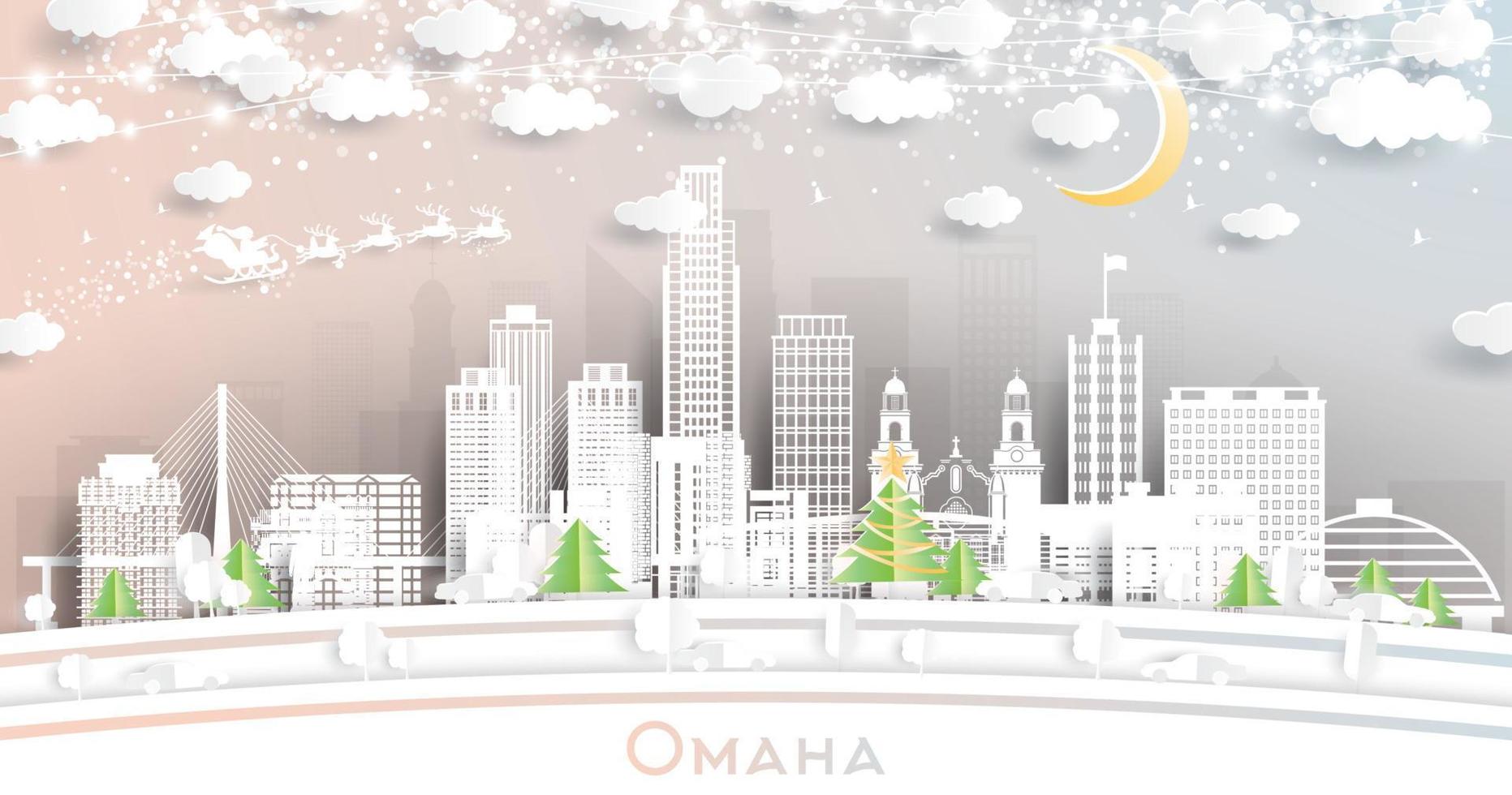 horizonte de la ciudad de omaha nebraska en estilo de corte de papel con copos de nieve, luna y guirnalda de neón. vector