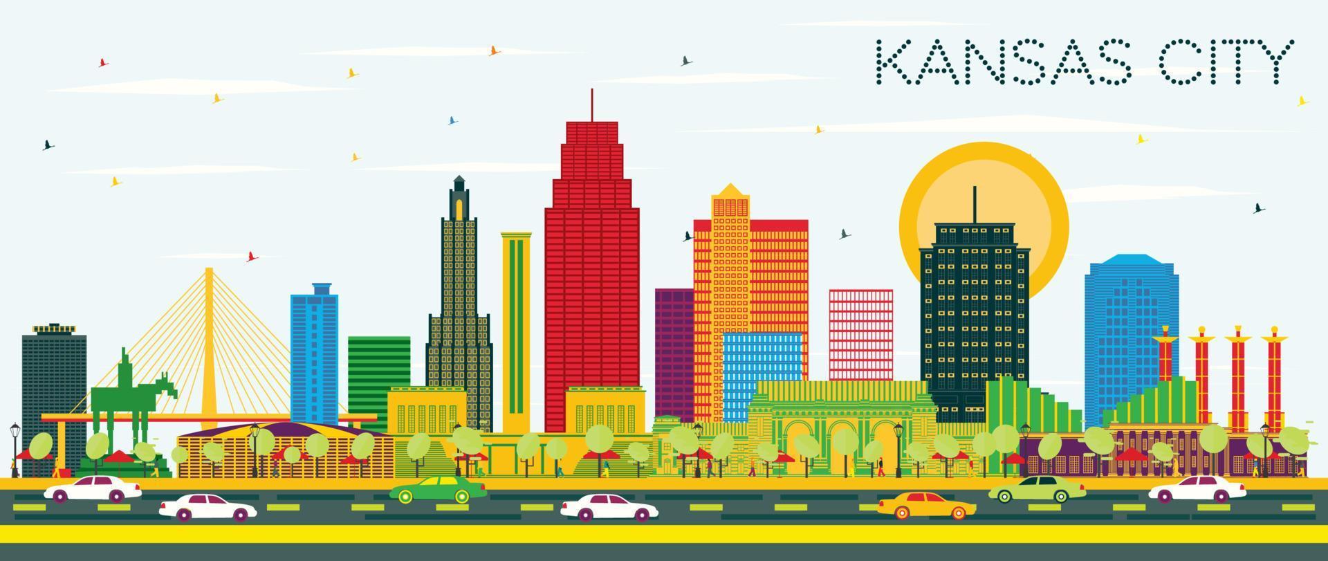 Kansas City Missouri City Skyline with Color Buildings and Blue Sky. vector