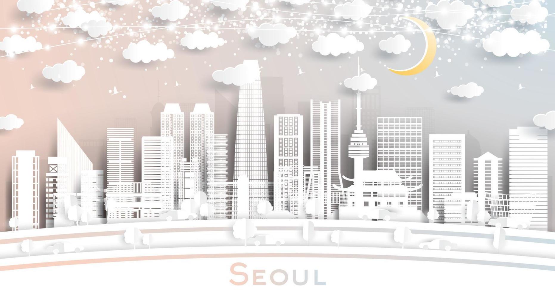 horizonte de la ciudad de seúl corea del sur en estilo de corte de papel con edificios blancos, luna y guirnalda de neón. vector