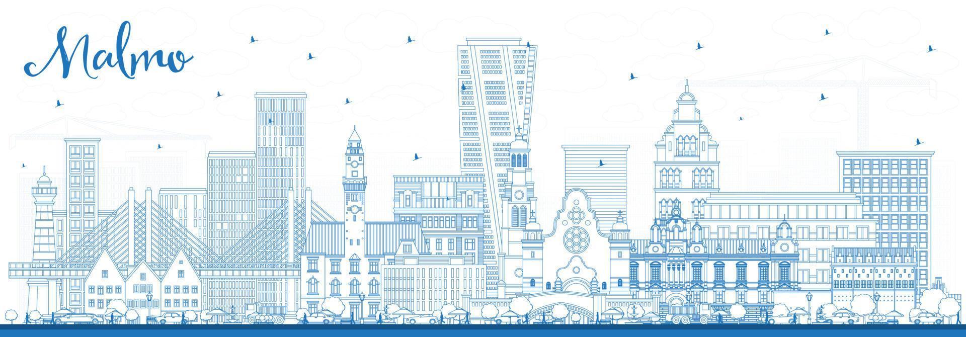 Outline Malmo Sweden City Skyline with Blue Buildings. vector