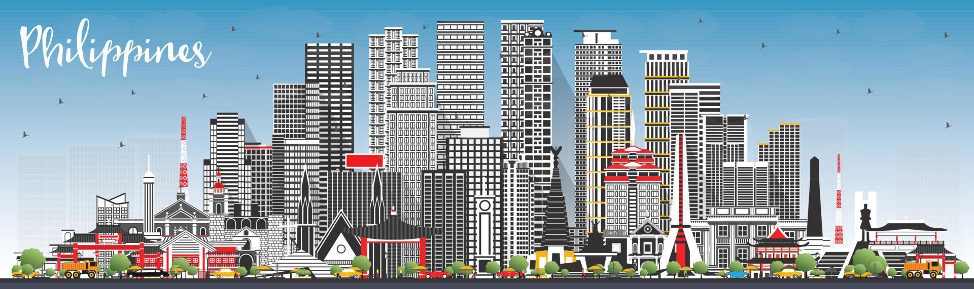 Philippines City Skyline with Gray Buildings and Blue Sky. vector