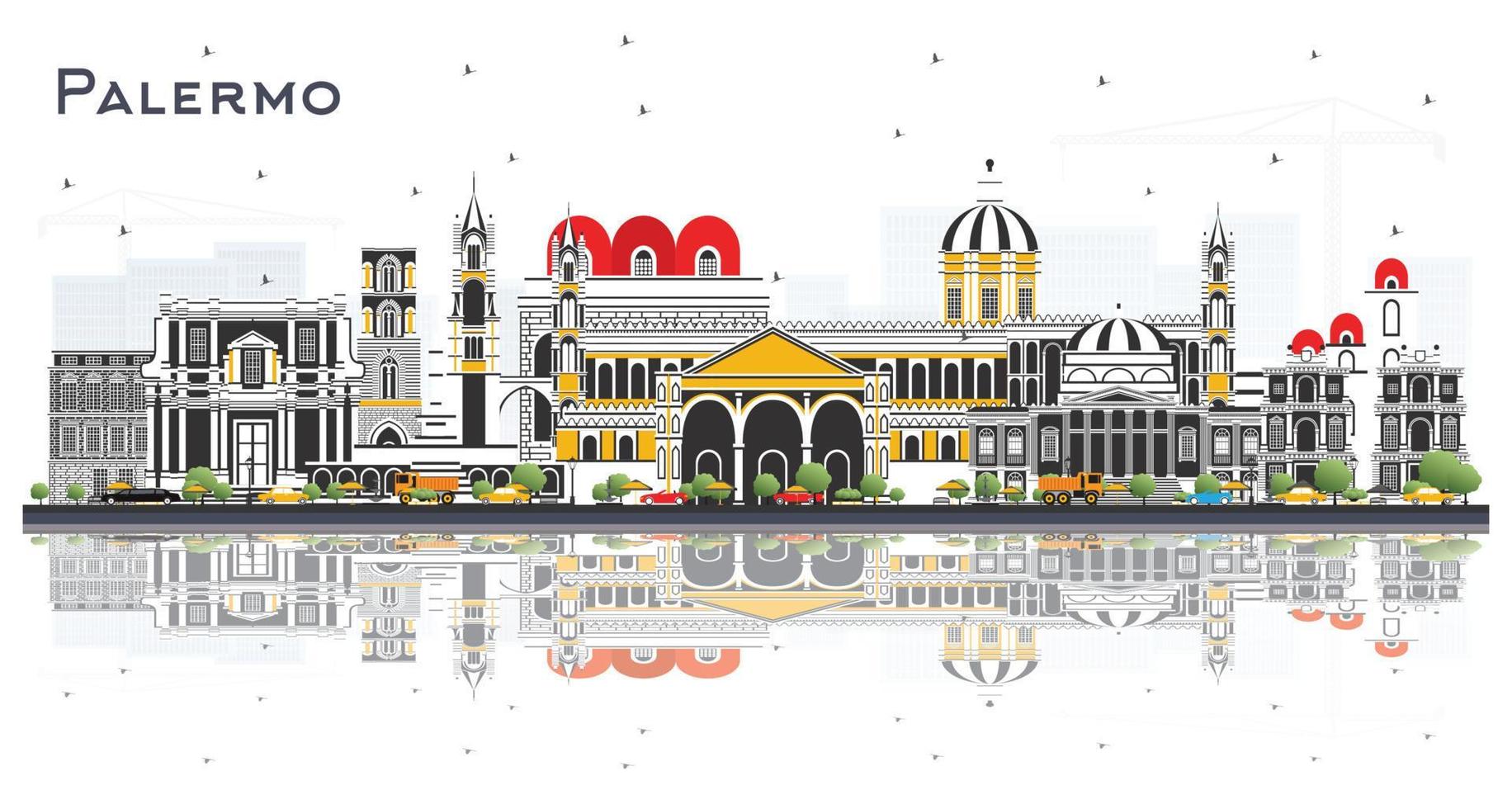 Palermo Italy City Skyline with Color Buildings and Reflections Isolated on White. vector