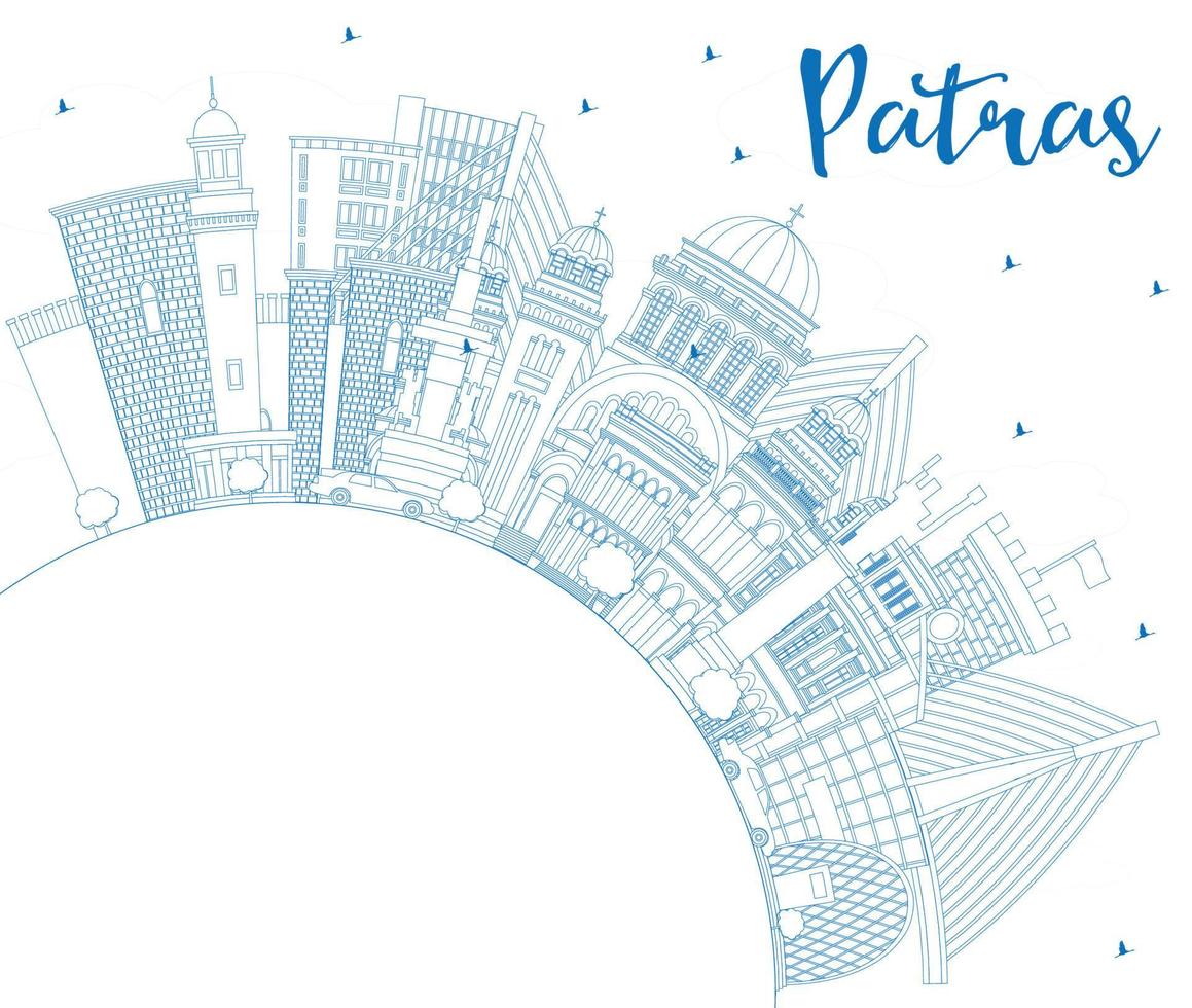 Outline Patras Greece City Skyline with Blue Buildings and Copy Space. vector