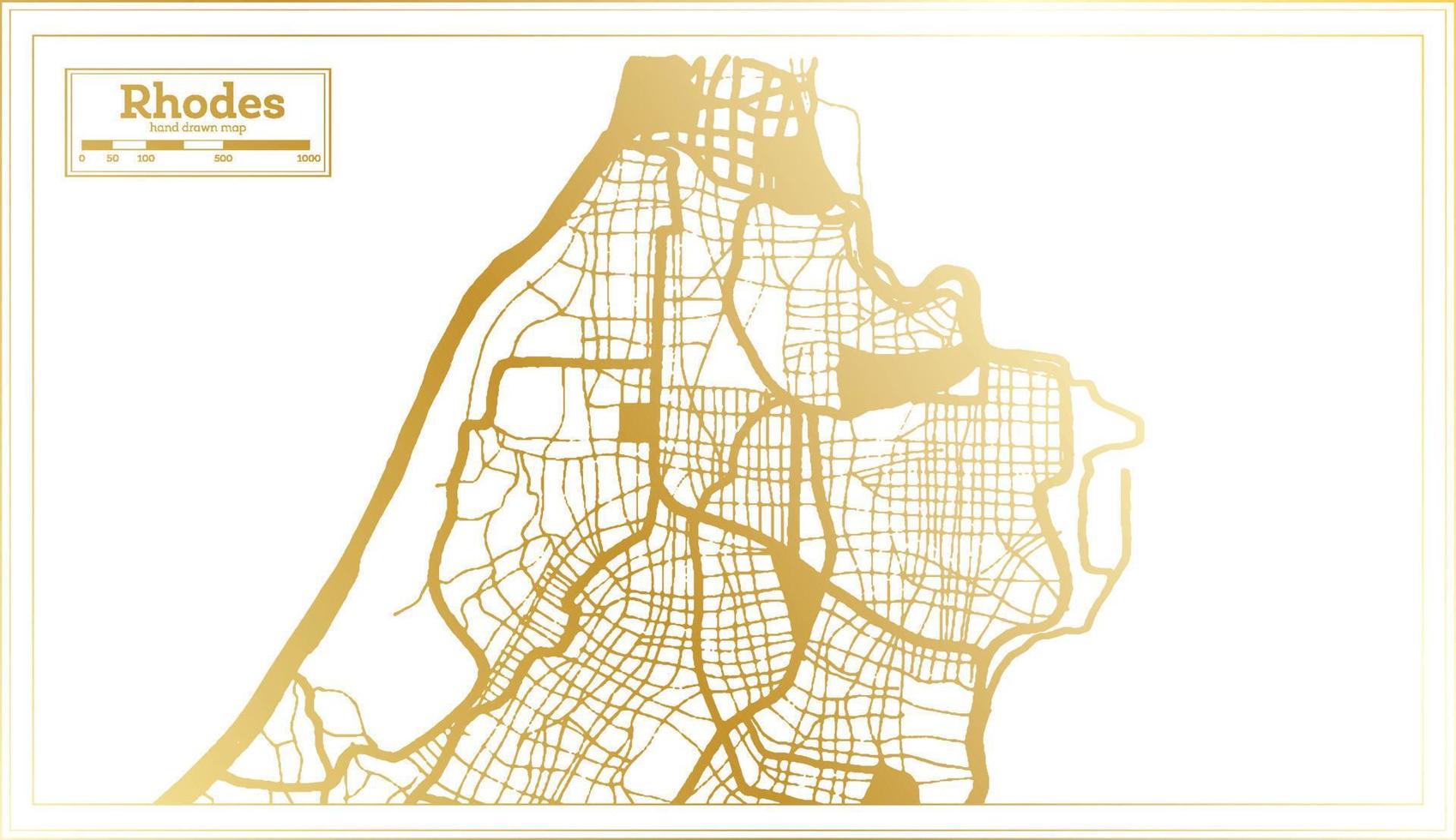 Rhodes Greece City Map in Retro Style in Golden Color. Outline Map. vector