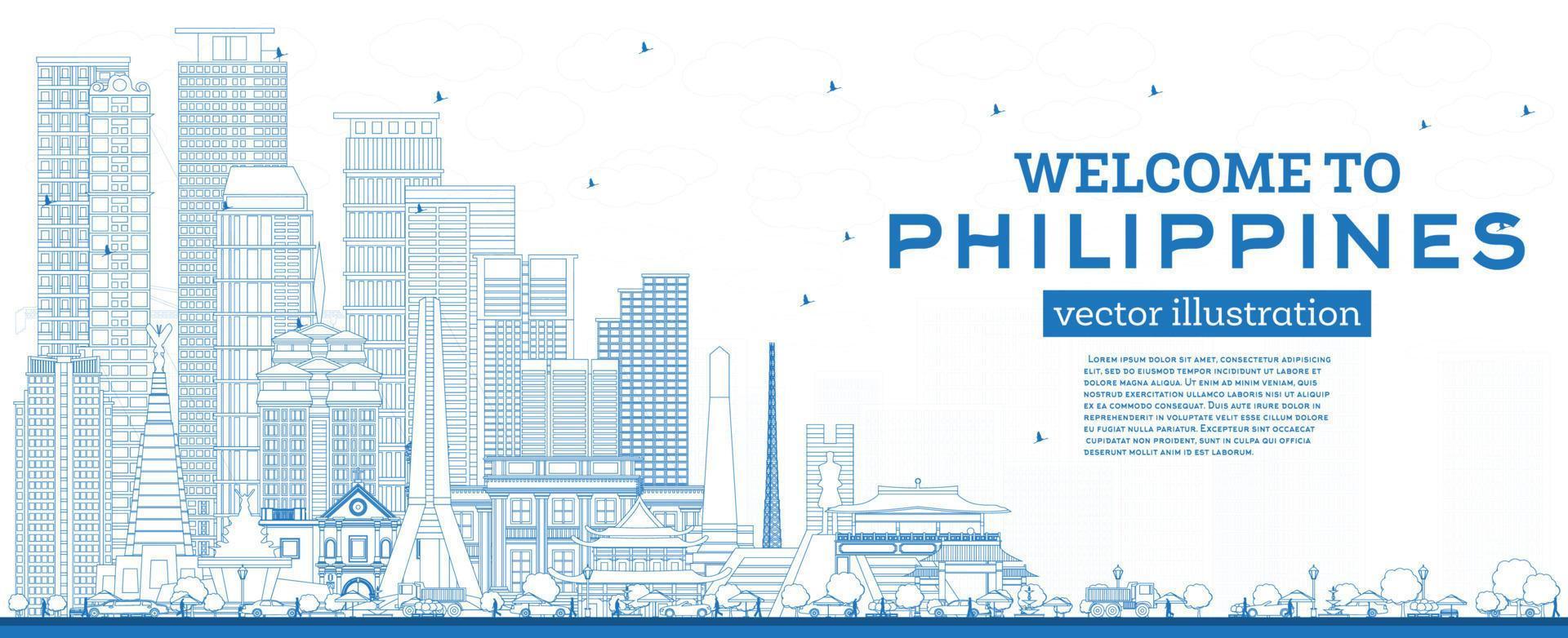 Outline Welcome to Philippines City Skyline with Blue Buildings. vector